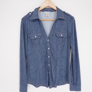 Cache Button-Up Womens M Blue Collared Long Sleeve Snap Stretch Jersey
